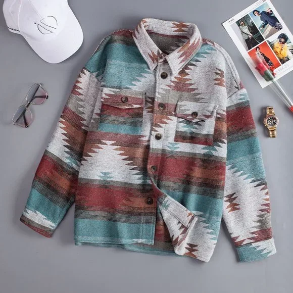 SOLD Flannel Distressed Aztec Shirt Jacket/Shacket Large - Picture 6 of 16